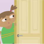 Scene from animation series Elvira. A girl looks into a room from behind a door.