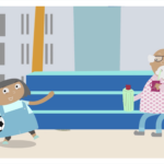 Scene from animation series Elvira. A girl going ourside with a football, talking to an old man.