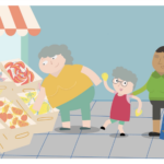 Scene from animation series Elvira. A boy at a vegetable shop with women.